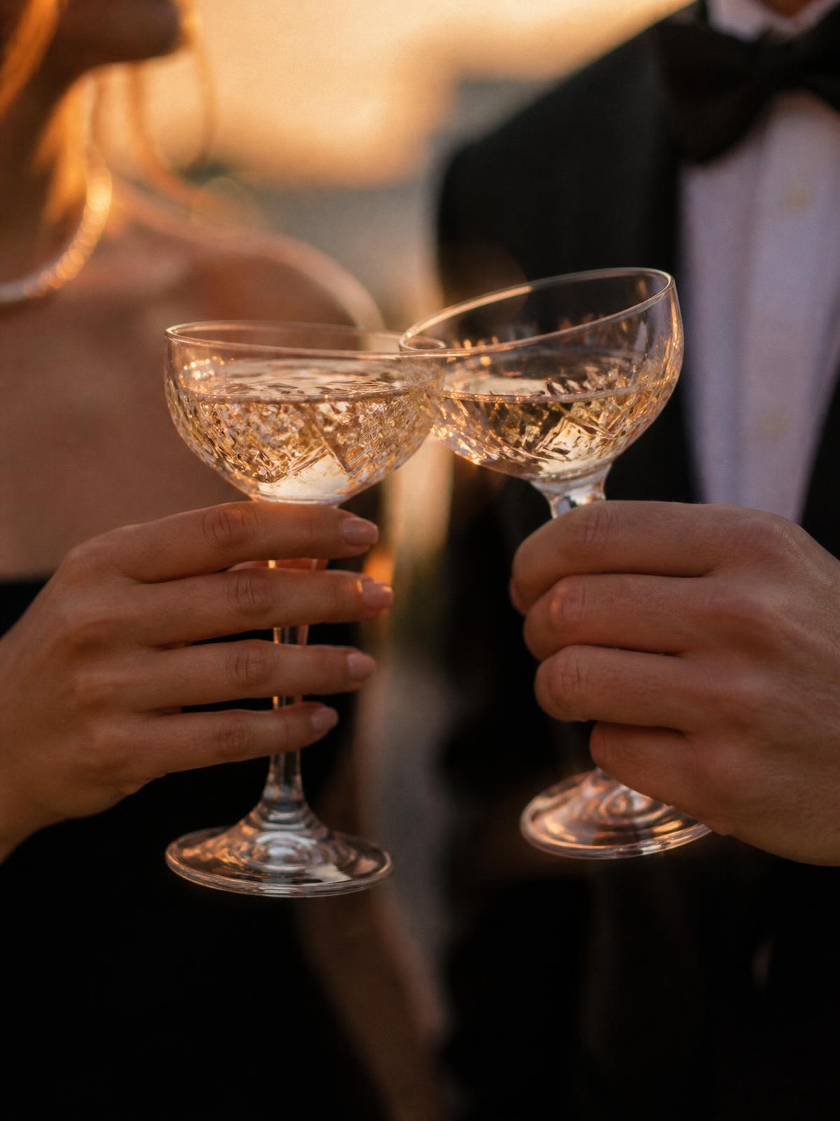 Deux coupes de champagne s'entrechoquant au coucher du soleil