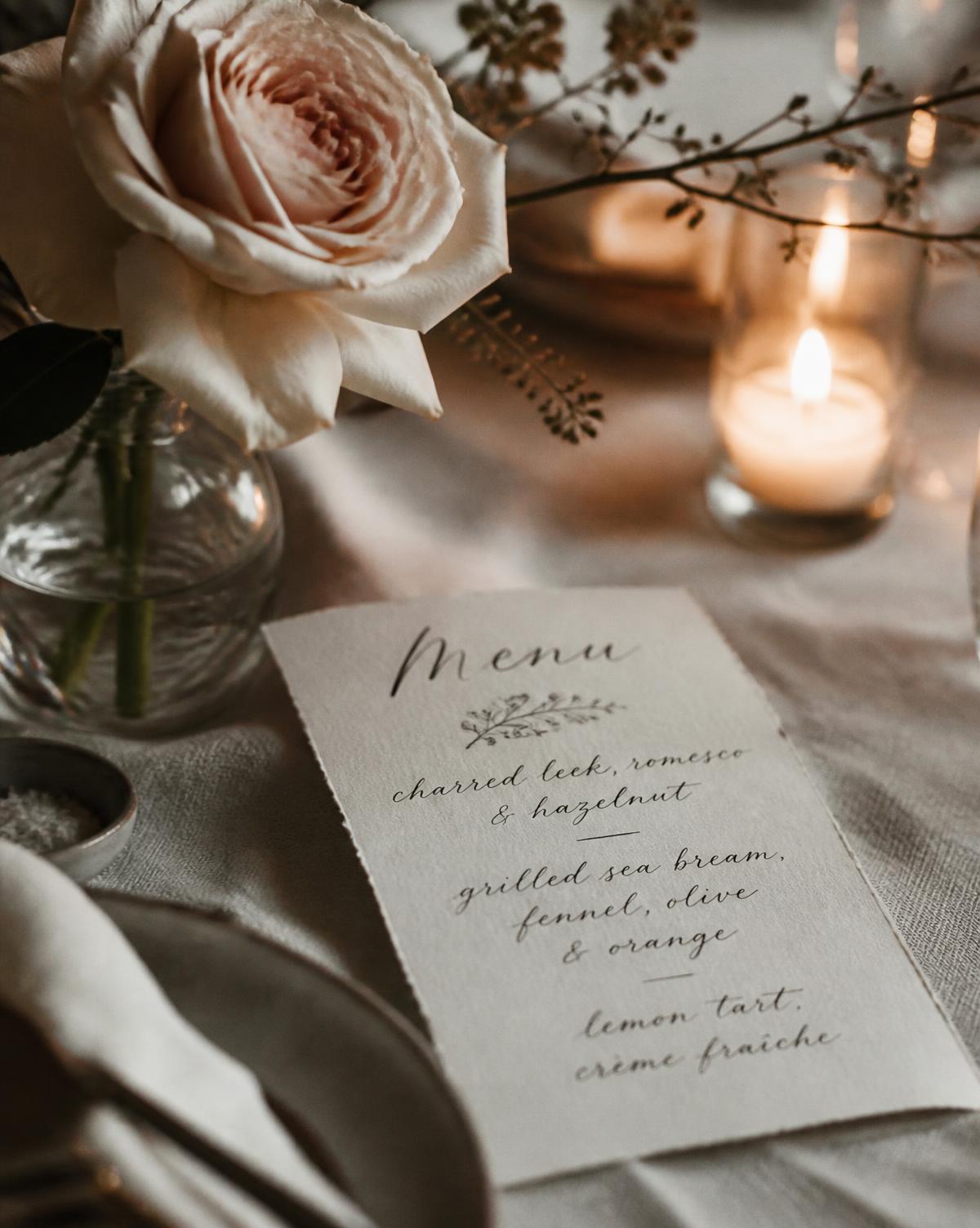 Menu manuscrit à côté d'une rose et d'une bougie