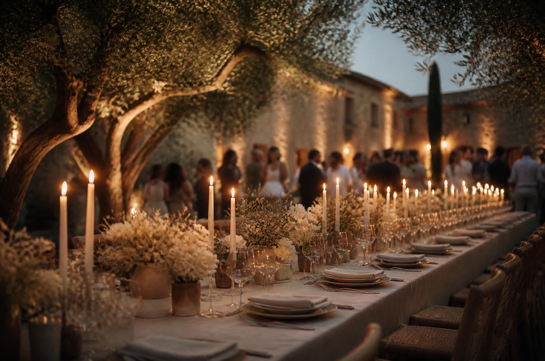 Longue table dressée aux chandelles sous les oliviers